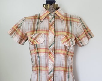 Vintage Coruss Juniors Yellow & Orange Plaid Shirt --- Retro Classic Summer Picnic Pattern Women's Clothing --- Casual Everyday Style Top