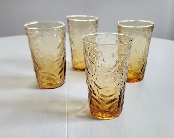 Vintage Yellow Crinkle Glasses - Set of Four - Retro 1960s 1970s Style Groovy Glassware --- Warm Colors Unique Drinking Glass Kitchen Decor