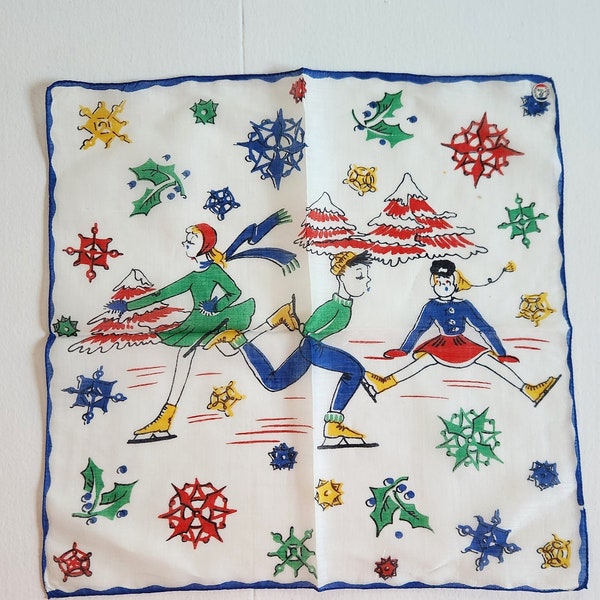 Vintage Bloch Freres Ice Skating Novelty Handkerchief --- Retro 1950s Style French Linens Winter Wonderland Home Decor --- Children's Hanky