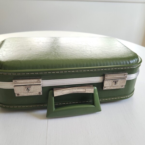 Vintage Small Green Suitcase --- Retro Weekend Hard Carry On Road Trip Overnight Luggage --- Groovy 1960s 1970s Stackable Home Storage