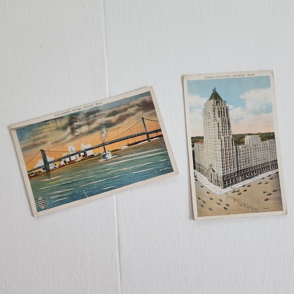Antique Detroit City Postcards - Set of Two - Fisher Building & Ambassador Bridge - Vintage 1930s Michigan Historic Places Little Prints