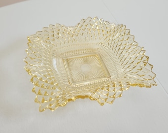 Vintage Diamond Crinkle Pointed Edge Yellow Glass Dish --- Retro Sunshine Colorful Spring Home Decor --- Groovy Color Glassware Candy Bowl