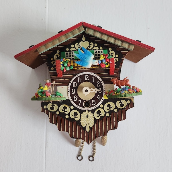 Vintage Colorful Cute Cuckoo Blue Bird Wall Clock - NOT WORKING - Retro Whimsical German Style Cottage Home - Unique Cottagecore Wall Decor