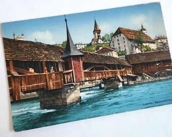 Antique Spreuer Bridge Postcard --- Vintage Luzern Switzerland Souvenir Print --- European Old City Historical Home Decor Architecture Art