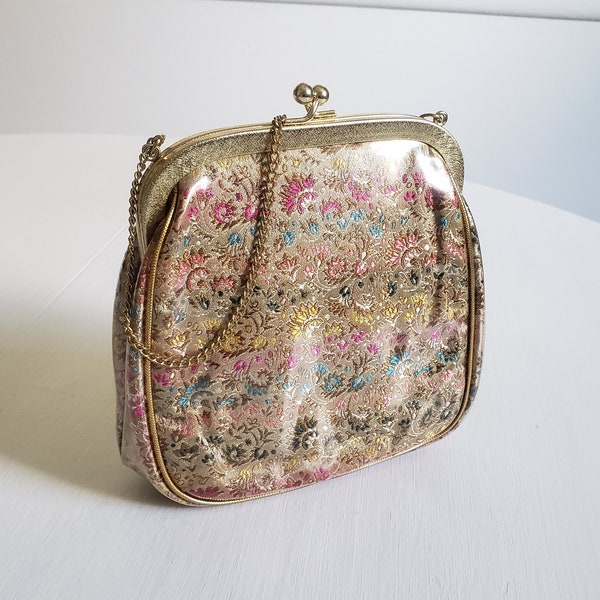 Vintage JR Miami Floral Brocade Clear Vinyl Encased Handbag --- Retro 1950s 1960s Style Elegant Evening Bag Purse --- Chain & Tapestry