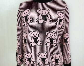 Vintage Adele Knitwear Teddy Bears Pink & Black Striped Mockneck Sweater - Retro 1980s Cute Novelty Print Women's Clothing Cozy Winter Shirt