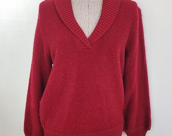 Vintage Sears Red V Neck Terrycloth Sweater --- Retro 1970s Style Cozy Women's Pullover --- 70s Groovy Spring Summer Cozy Nights Clothing