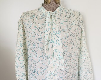 70s Large White /& Navy Blue DAISY Print BLUSE by Cape Cod Match Mates USA Long Sleeved e