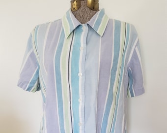 Vintage Lemon Grass Striped Button Down Short Sleeve Top --- Retro 1990s Fun Everyday Clothing --- 90s Summer Steetwear Beach Style Shirt