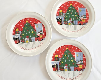 Vintage Lilian Vernon Merry Christmas Plates - Set of Three - Retro 1980s Festive Holiday Dinner Serving Dishes --- Santa Cookie Plate Decor
