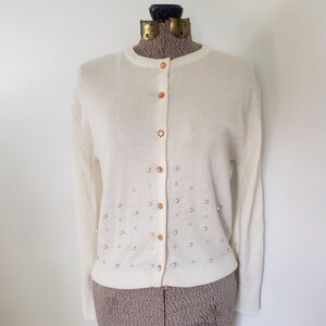 Vintage Fashioned by Marlboro Mills, Inc. Cream Beaded Sweater -- Retro 1950s 1960s Style Darling Women's Cardigan -- Cozy Spring Clothing