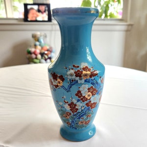 Vintage Sakura Flowers Blue Ceramic Vase --- Retro Colorful Japanese Style Floral Home Decor -- Mid Century Asian Cherry Blossom Bouquet Urn