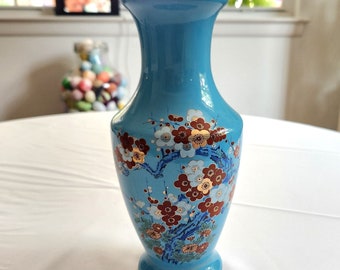 Vintage Sakura Flowers Blue Ceramic Vase --- Retro Colorful Japanese Style Floral Home Decor -- Mid Century Asian Cherry Blossom Bouquet Urn