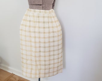 Vintage Cream White & Yellow Simple Plaid Skirt --- Retro 1950s Style Timeless Petite Juniors Women's Fashion Clothing --- Mid-Century Vibes