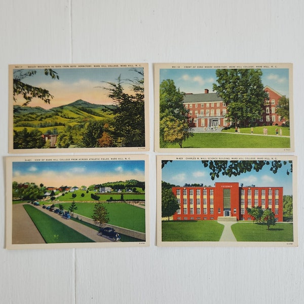 Vintage Mars Hill College Linen Finish Postcards - Set of Four - Retro North Carolina American Road Trip Souvenir Prints -- University Decor