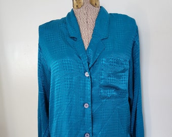 Chemisier vintage bleu marine tissé pied-de-poule --- Vêtements pour femmes décontractés colorés rétro des années 80 --- Chemise turquoise turquoise élégante des années 80