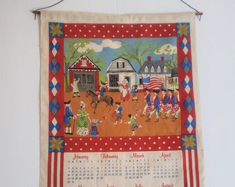 Vintage Colonial Revolutionary War Scene 1977 Calendar Wall Hanging Tapestry - Retro Cottage Kitchen Wall Decor - Linen Tea Towel Hand Towel