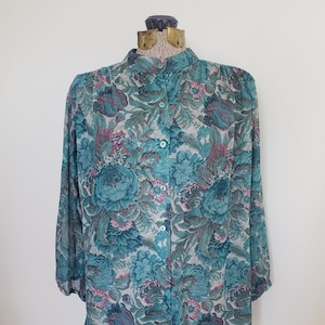 Vintage Eccobay Sheer Tapestry Style Floral Pattern Blouse - Retro Timeless Elegant Feminine Women&#39;s Fashion Clothing - Antique Flower Shirt