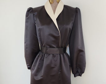 Vintage R & K Originals Black Satin with Belt and White Collar Dress --- Retro Goth Girl Wednesday Addams Style Elegant Women's Clothing