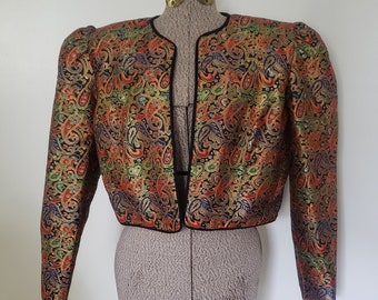 Vintage Patra Metallic Jacquard Weve Paisley Pattern Cropped Bolero Jacket --- Retro 1980s Funky Fun Party Women's Puffed Shoulder Blazer