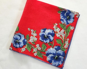 Vintage Blue Pansy & White Posies Flowers Red Handkerchief --- Retro 1950s 1960s Little Linens Home Decor --- Spring Wedding Pocket Square