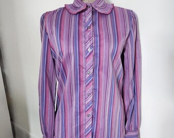 Vintage Oak Hill Purple & Pink Striped Blouse with Plisse Pleated Peter Pan Collar --- Retro Groovy Mod Feminine Women's Dress Shirt