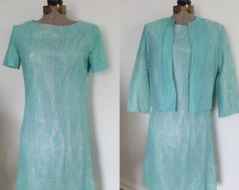 Vintage Blue Lace Dress & Matching Jacket Set --- Retro 1960s Darling Feminine Women's Clothing --- Mid-Century Mod Baby Doll Teal Dress