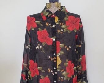Vintage Nicola Sheer Red Hibiscus Flower Blouse --- Retro 1990s 2000s Style Summer Woman's Fashion --- Y2K Floral Tropical Hawaiian Shirt