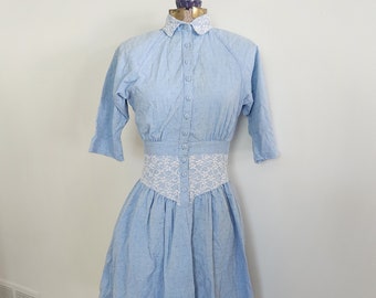 Vintage Amy Too! Byer California Blue with White Lace Dress --- Retro 1980s Cute Juniors Petite Women's Summer Clothing --- Upcycle Fashion