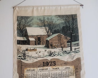 Vintage Kay Dee 1975 Calendar Wall Hanging Tapestry --- Retro Barn Winter Snow Landscape Kitchen Wall Decor --- Linen Tea Towel Hand Towel