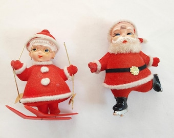 Vintage Santa & Mrs. Claus Flocked Plastic Figurines - Skiing and Ice Skating - Retro 1960s 1970s Christmas Decorations Tree Ornaments