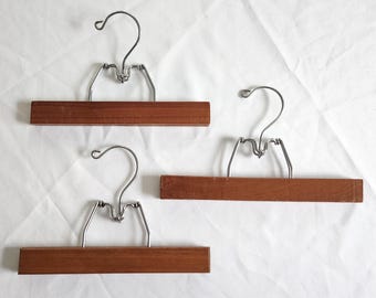 Vintage Dark Wood Skirt & Pants Clamp Clothing Hangers - Set of Three - Retro Bedroom Clothing Organization --- Mid-Century Tapestry Display