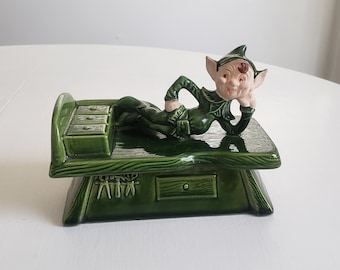 Vintage Pixie Elf Workshop Ceramic Jewelry Box --- Retro Fairy Tale Forest Sprite Candy Dish --- Happy Little Magical Garden Home Decor