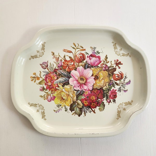 Vintage Colorful Floral Elite Trays Metal Platter --- Retro Great Britain English Style Home Decor --- Flower Tea Party Cottage Serving Tray