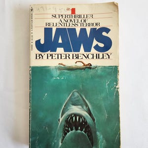 Jaws by Peter Benchley --- Vintage 1970s Shark Attack Horror Terror Thriller Novel --- Retro Beach Reading Summer Literature Classic Books