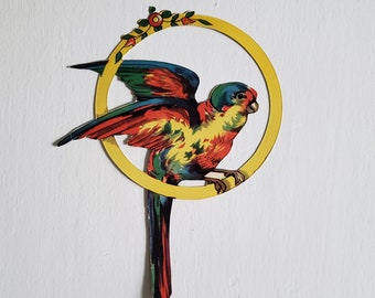Vintage Colorful Parakeet Paper Die Cut Decoration --- Retro Tropical Bird Tiki Bar Home Decor --- Cool Rainbow Parrot Paper Ephemera