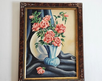 Vintage Pink Rose Flowers in Blue Vase Still Life Framed Original Painting - Signed Phyllis Wimmer - Retro Amateur Art Cottage Home Decor