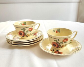 Antique Sebring Pottery Co. Golden Maize "The Poppy" Tea & Snack Set - 7-Piece Ceramics - Vintage 1920s Floral Cups Plates Kitchen Decor