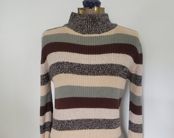 Vintage Montana Blues Jean Company Horizontal Striped Mockneck Rib Knit Sweater --- Retro 1990s Earth Tones Neutral Colors Women's Clothing