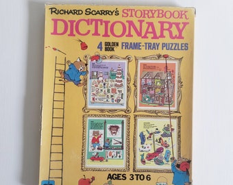 vintage Richard Scarry's Storybook Dictionary Golden Book cadre-plateau puzzles - Lot de quatre - Jouets d'apprentissage mignons rétro des années 60 et 70 pour tout-petits