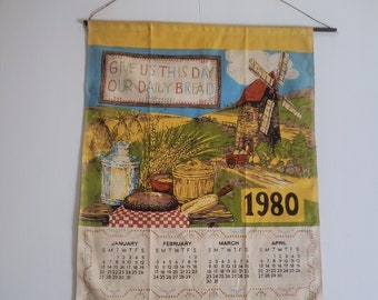 Vintage Give Us This Day Our Daily Bread 1980 Calendar Wall Hanging Tapestry -- Retro Kitchen Wall Decor - Prayer Linen Tea Towel Hand Towel