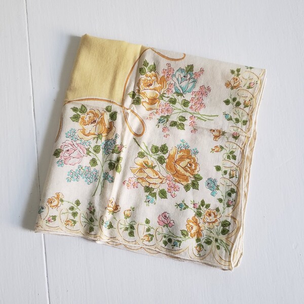 Vintage Yellow Rose & Wildflowers Handkerchief --- Retro 1950's Style Cottage Home Decor --- Cottagecore Wedding Floral Linens Something Old