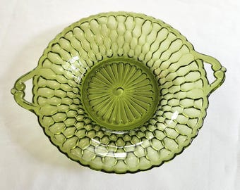 Plato vintage de vidrio verde transparente con diseño de panal y asas --- Plato hondo para servir bombones y dulces, estilo retro de los años 60 y 70 -- Decoración moderna para el hogar