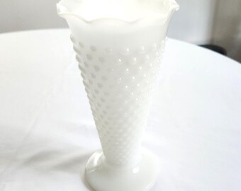 Vintage Hobnail Bubble Milk Glass Trumpet Cone Shaped Flower Vase --- Retro 1940 1950s Cottage Floral Display Farmhouse Home Decor