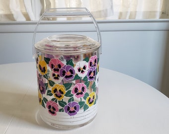 Vintage Pansy Flowers Clear Acrylic Culver Ice Bucket --- Retro Spring Flowers Easter Party Serving Pail --- Cute Backyard BBQ Drink Barware