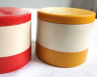 Vintage Aladdin Model #7000 Small Insulated Thermo Jar - Set of Two - Retro Red & Yellow Plastic Travel Soup Snack Thermos Containers