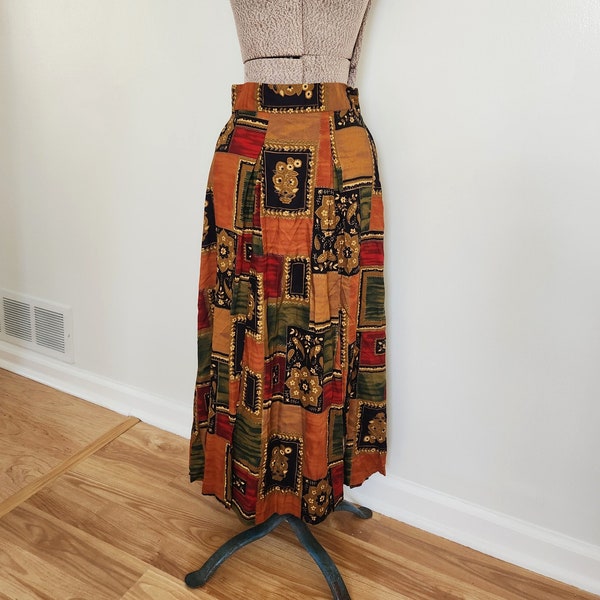 Vintage Hot Stuff Bohemian Geometric Floral Long Skirt --- Retro Warm Earthy Colors Free Spirit Women's Clothing --- Casual Summer Vibes