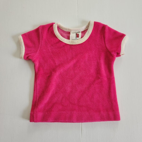 Vintage Koala Way Terrycloth Pink Ringer Tee --- Retro Little Girl T-Shirt Cute Summer Clothing --- Groovy Colorful 1970s Baby Doll Clothes