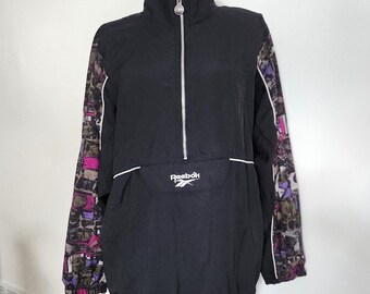 Vintage Reebok Black Half Zip Windbreaker with Geometric Sleeves --- Retro 1990s Athletic Coat Sports Outerwear Summer Rain Jacket