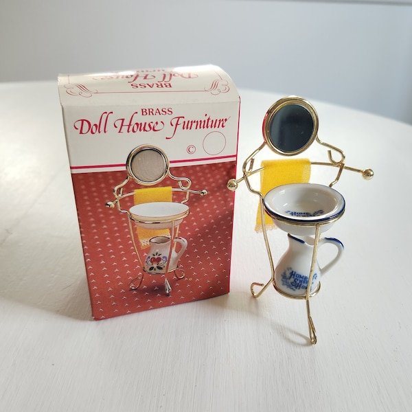 Vintage Home Sweet Home Doll House Wash Stand with Pitcher Bowl & Towel --- Retro Miniature Antique Furniture Diorama Replica Home Decor